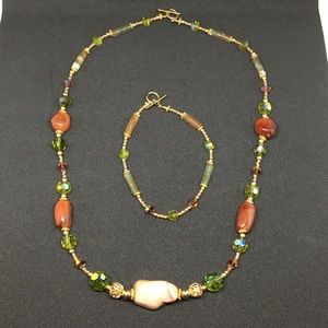 Bead and stone necklace & bracelet set